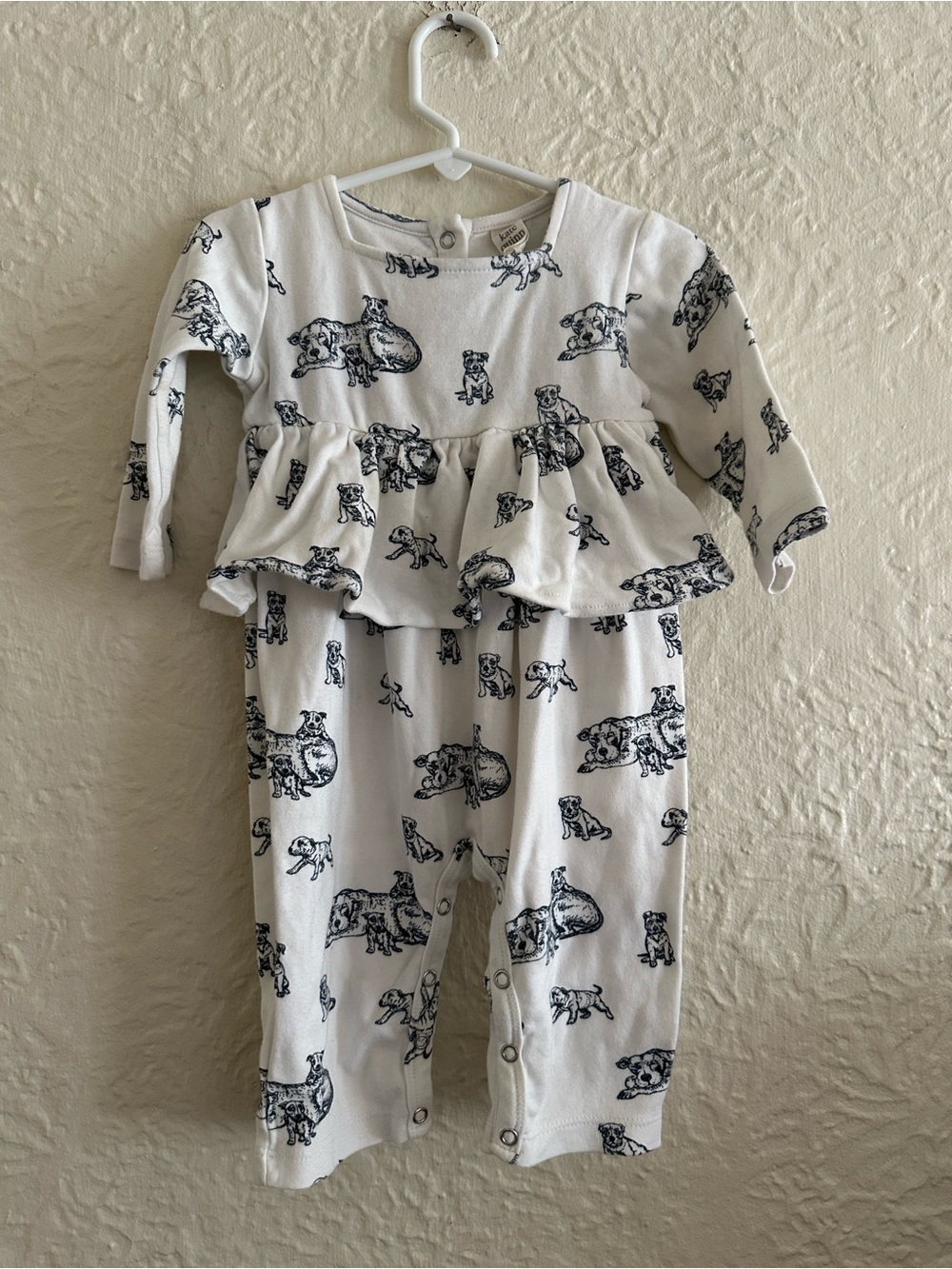 Kate Quinn Long Sleeve Peplum Ruffle Jumpsuit White Puppy Dot Print 12-18 months